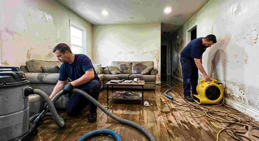 Two restoration techs extracting water and setting an air mover in a flooded Naples living room