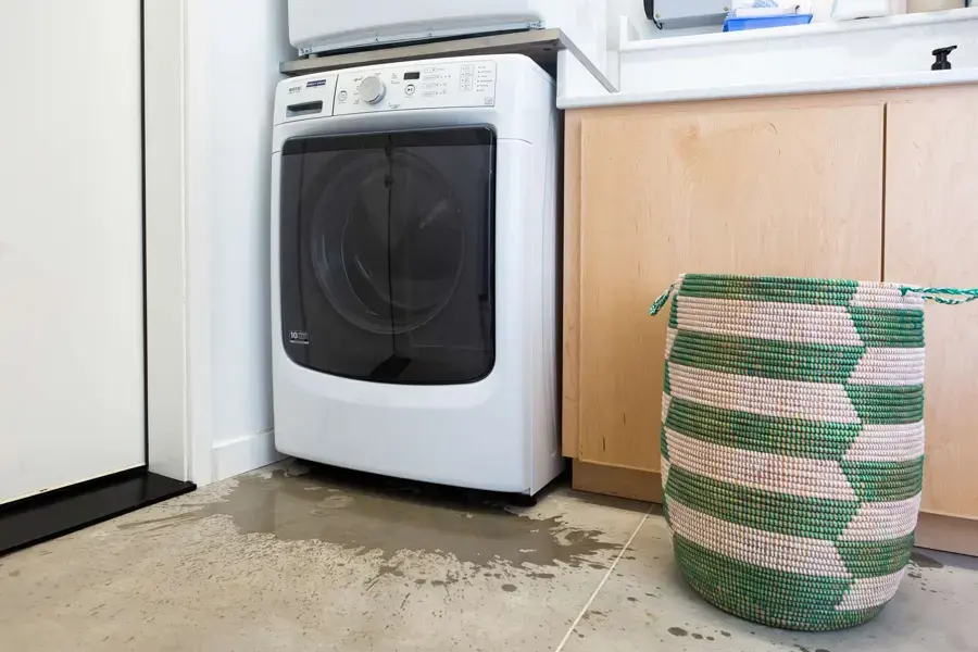 Water pooling in front of a leaking washing machine in a Naples laundry room
