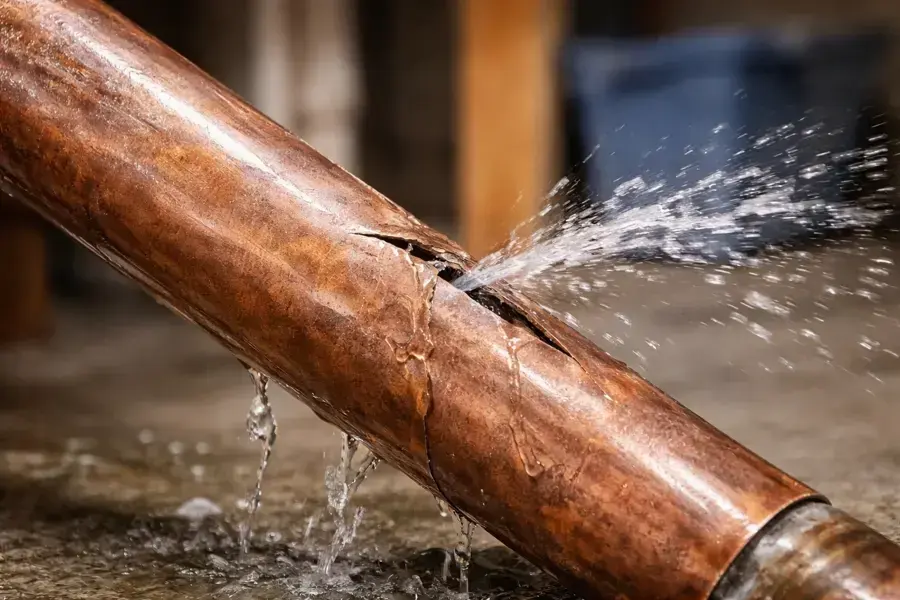 Water spraying from a split copper supply pipe in a Naples home