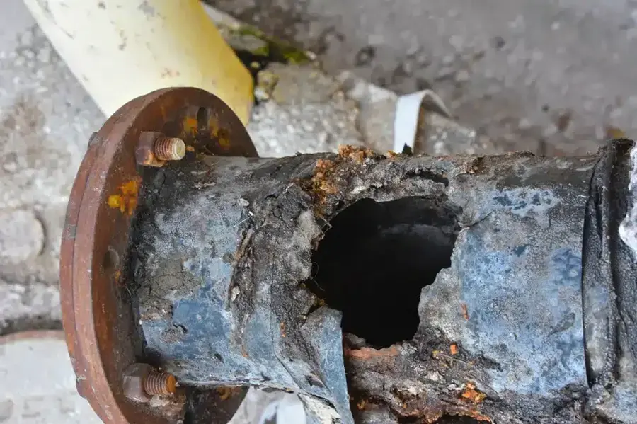 Corroded cast iron drain pipe rusted through, typical of older Naples homes