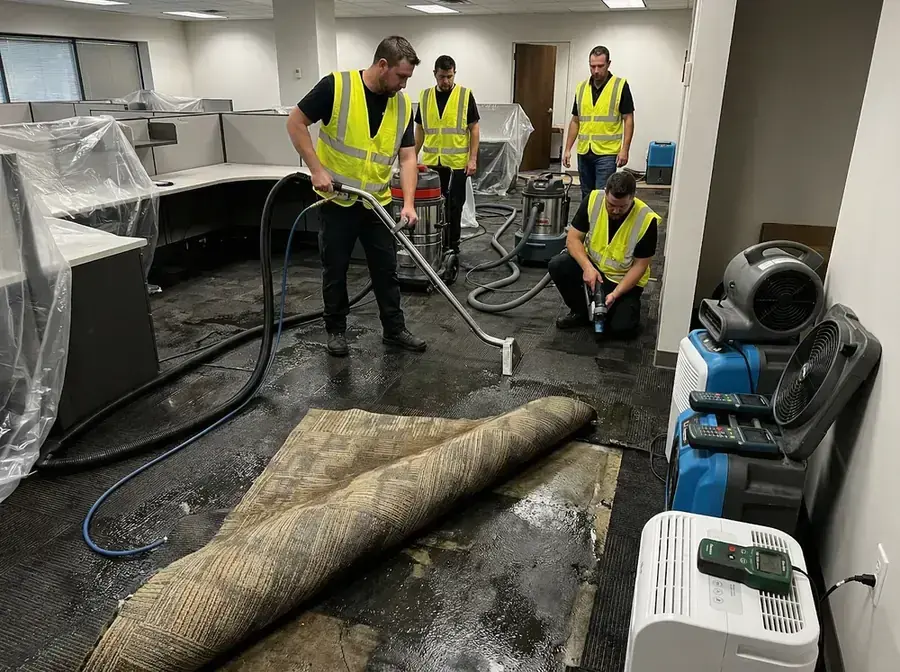 Crew in safety vests extracting water from a flooded Naples office