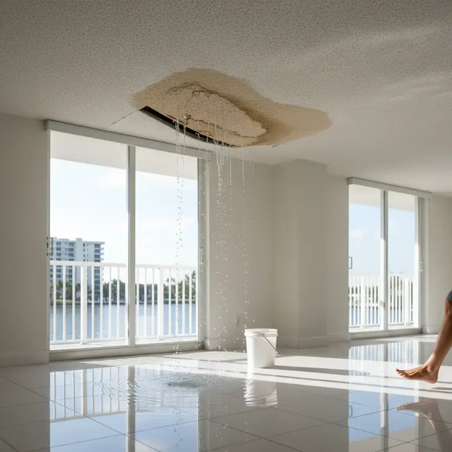 Water pouring through an opened ceiling into a waterfront Naples condo