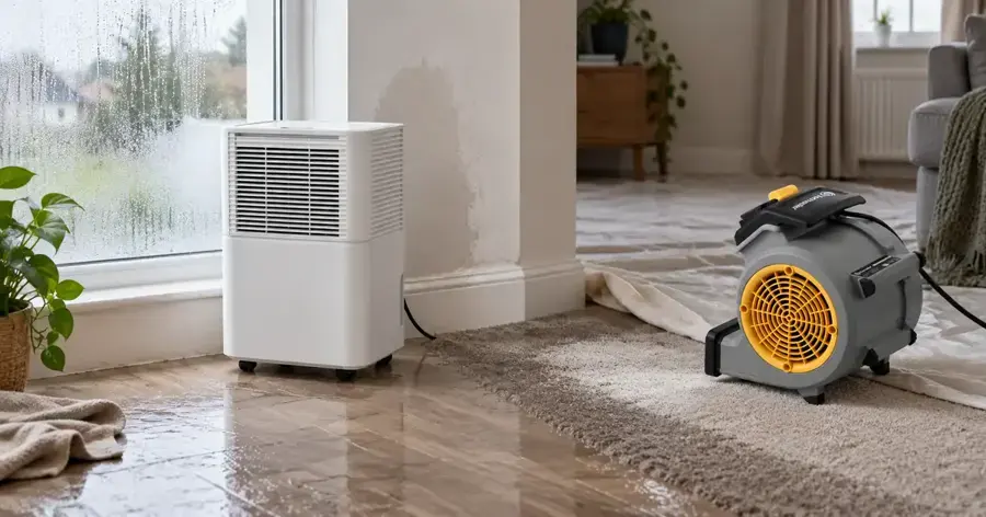 Rain-streaked window and a wet floor with drying equipment after wind-driven rain in Naples