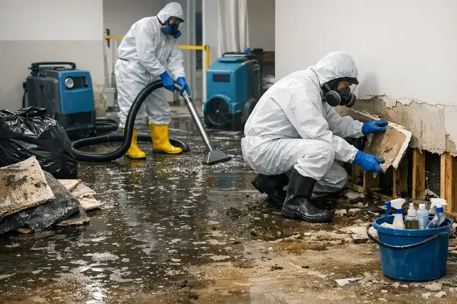 Techs in protective suits and respirators cleaning a sewage backup in Naples