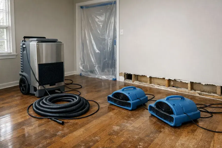 Dehumidifier and air movers drying a flood-cut Naples room behind containment