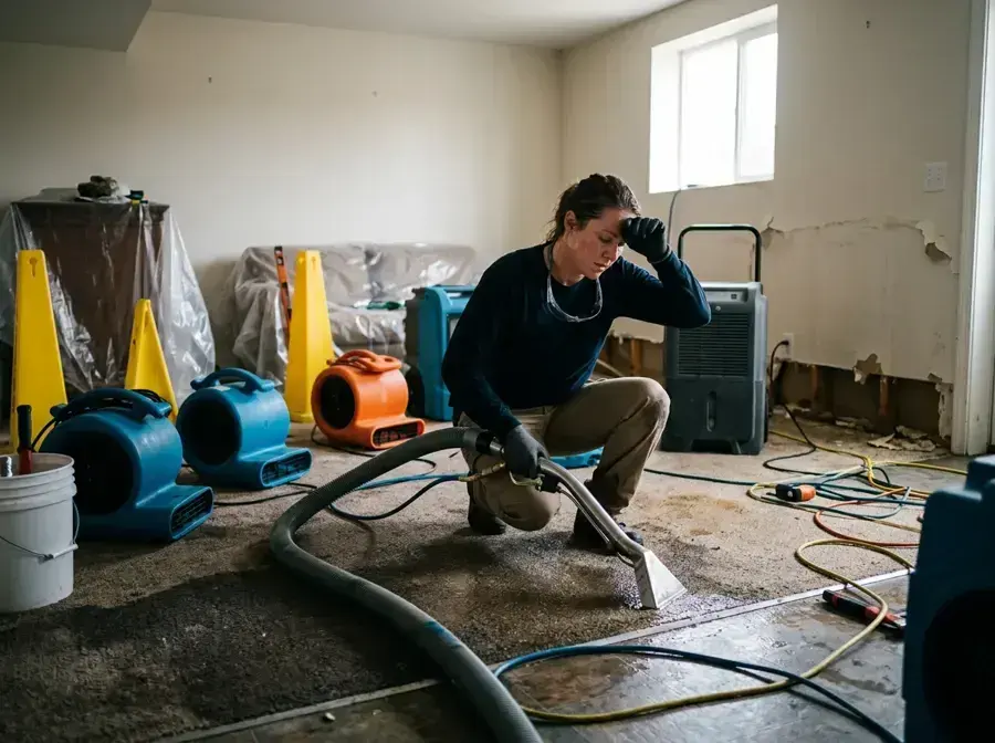 Extraction wand pulling water out of wet carpet in a Naples home, air movers staged behind