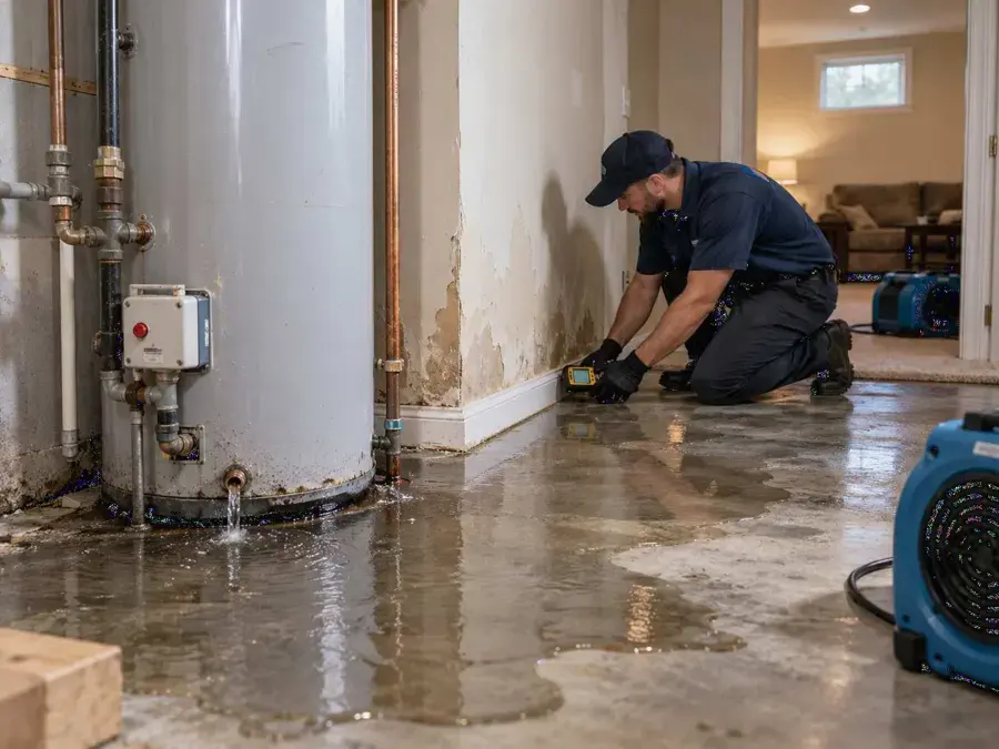 Moisture readings beside a leaking water heater on a wet Naples floor